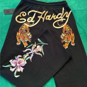 Ed Hardy Black Pants with Tiger and Floral graphic